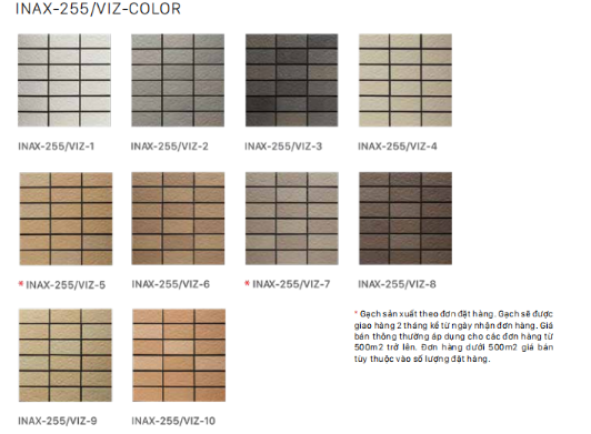 bảng màu mã gạch INAX-255/VIZ